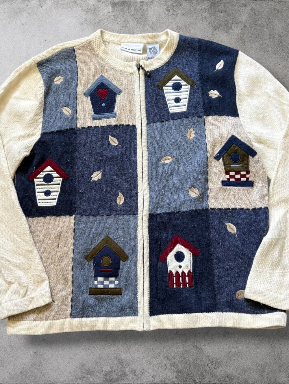 Vintage 90s Knit Cottage Core Patchwork Zip Up Sweater Medium Wool Blend Fall